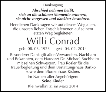 Traueranzeige von Willi Conrad von Mitteldeutsche Zeitung Köthen