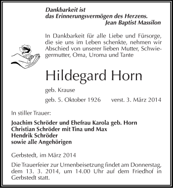 Traueranzeige von Hildegard Horn von Mitteldeutsche Zeitung Mansfelder Land