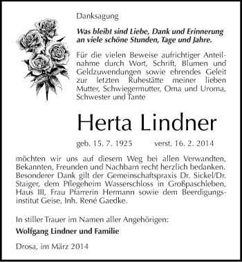 Traueranzeige von Herta Lindner von Mitteldeutsche Zeitung Köthen