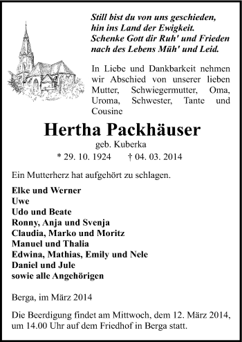 Traueranzeige von Hertha Packhäuser von Mitteldeutsche Zeitung Sangerhausen