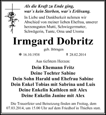 Traueranzeige von Irmgard Dobritz von Mitteldeutsche Zeitung