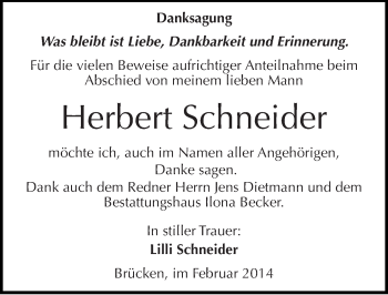 Traueranzeige von Herbert Schneider von Mitteldeutsche Zeitung Sangerhausen