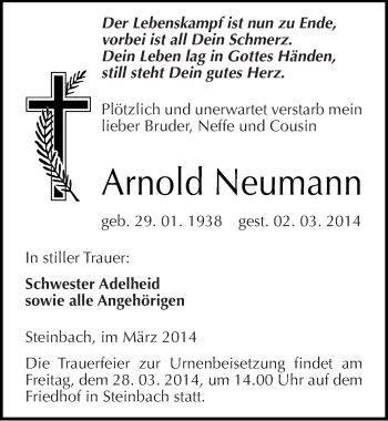 Traueranzeige von Arnold Neumann von Mitteldeutsche Zeitung Naumburg/Nebra