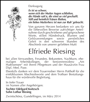 Traueranzeige von Elfriede Riesing von Mitteldeutsche Zeitung Halle/Saalkreis
