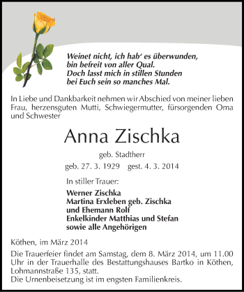 Traueranzeige von Anna Zischka von Mitteldeutsche Zeitung Köthen