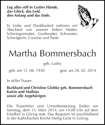 Traueranzeige von Martha Bommersbach von Mitteldeutsche Zeitung Köthen