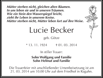 Traueranzeige von Lucie Becker von Mitteldeutsche Zeitung Bitterfeld