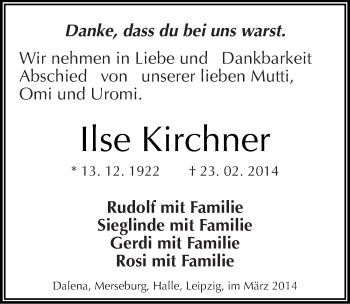 Traueranzeige von Ilse Kirchner von Mitteldeutsche Zeitung Köthen