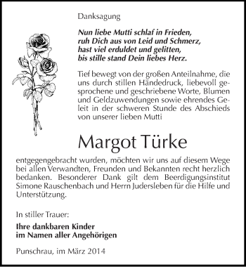 Traueranzeige von Margot Türke von Mitteldeutsche Zeitung Naumburg/Nebra