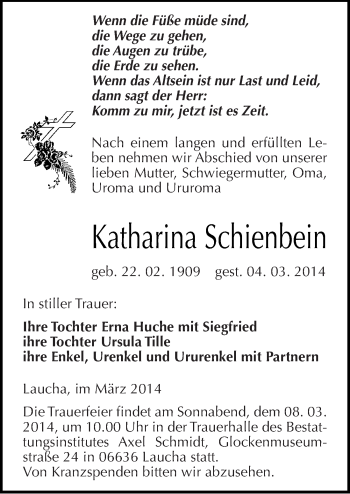 Traueranzeige von Katharina Schienbein von Mitteldeutsche Zeitung Naumburg/Nebra