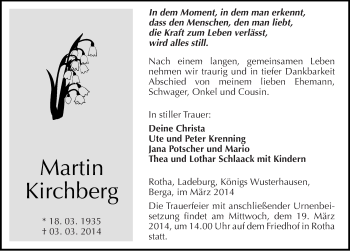 Traueranzeige von Martin Kirchberg von Mitteldeutsche Zeitung Sangerhausen