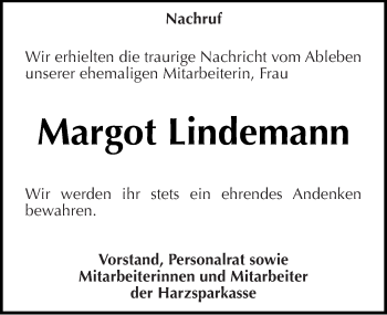 Traueranzeige von Margot Lindemann von Mitteldeutsche Zeitung Quedlinburg
