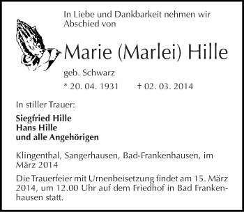 Traueranzeige von Marie Hille von Mitteldeutsche Zeitung