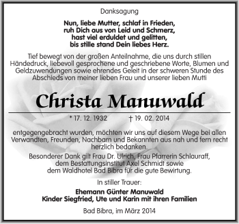 Traueranzeige von Christa Mannward von Mitteldeutsche Zeitung Naumburg/Nebra