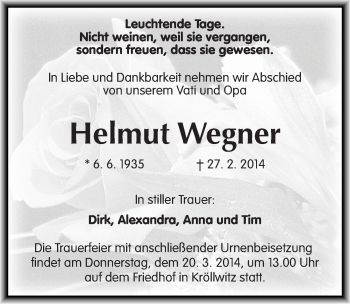 Traueranzeige von Helmut Wegner von Mitteldeutsche Zeitung Halle/Saalkreis