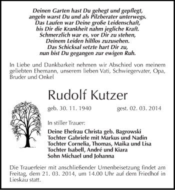 Traueranzeige von Rudolf Kutzer von Mitteldeutsche Zeitung Halle/Saalkreis