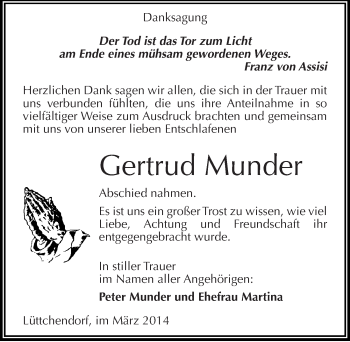 Traueranzeige von Gertrud Munder von Mitteldeutsche Zeitung Mansfelder Land
