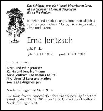 Traueranzeige von Erna Jentzsch von Mitteldeutsche Zeitung Sangerhausen