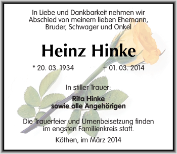 Traueranzeige von Heinz Hinke von Mitteldeutsche Zeitung Köthen