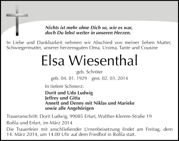 Traueranzeige von Elsa Wiesenthal von Mitteldeutsche Zeitung Sangerhausen