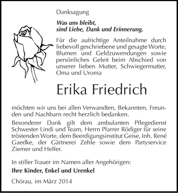 Traueranzeige von Erika Friedrich von Mitteldeutsche Zeitung Köthen