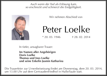 Traueranzeige von Peter Loelke von Mitteldeutsche Zeitung Halle/Saalkreis
