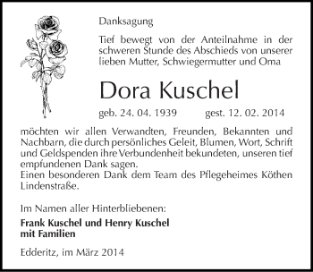 Traueranzeige von Dora Kuschel von Mitteldeutsche Zeitung Köthen
