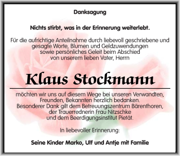 Traueranzeige von Klaus Stockmann von Mitteldeutsche Zeitung Köthen