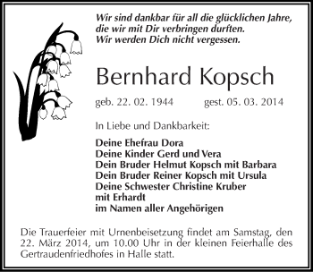 Traueranzeige von Bernhard Kopsch von Mitteldeutsche Zeitung Halle/Saalkreis