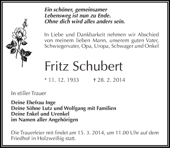 Traueranzeige von Fritz Schubert von Mitteldeutsche Zeitung Bitterfeld