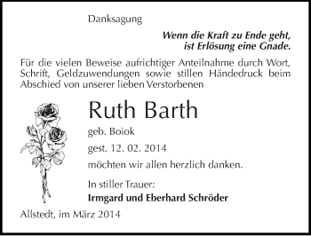 Traueranzeige von Ruth Barth von Mitteldeutsche Zeitung Sangerhausen