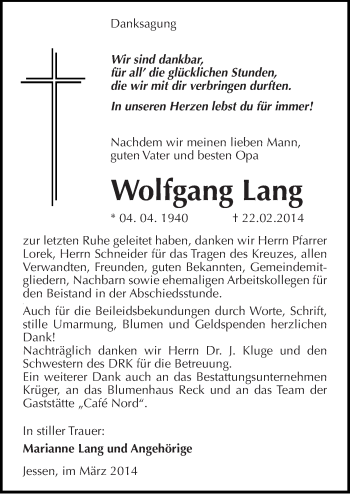 Traueranzeige von Wolfgang Lang von Mitteldeutsche Zeitung Wittenberg
