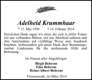 Traueranzeige von Adelheid Krummhaar von Mitteldeutsche Zeitung Quedlinburg