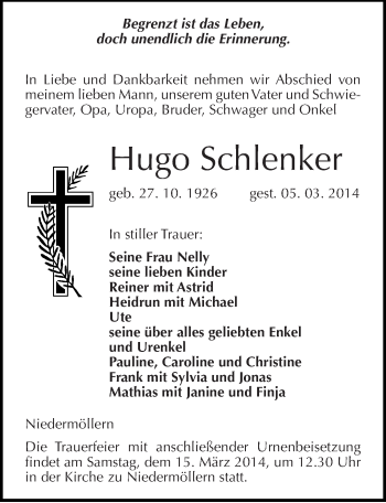 Traueranzeige von Hugo Schlenker von Mitteldeutsche Zeitung Naumburg/Nebra