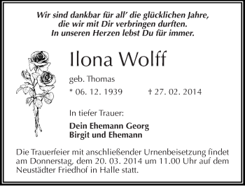 Traueranzeige von Ilona Wolff von Mitteldeutsche Zeitung Halle/Saalkreis