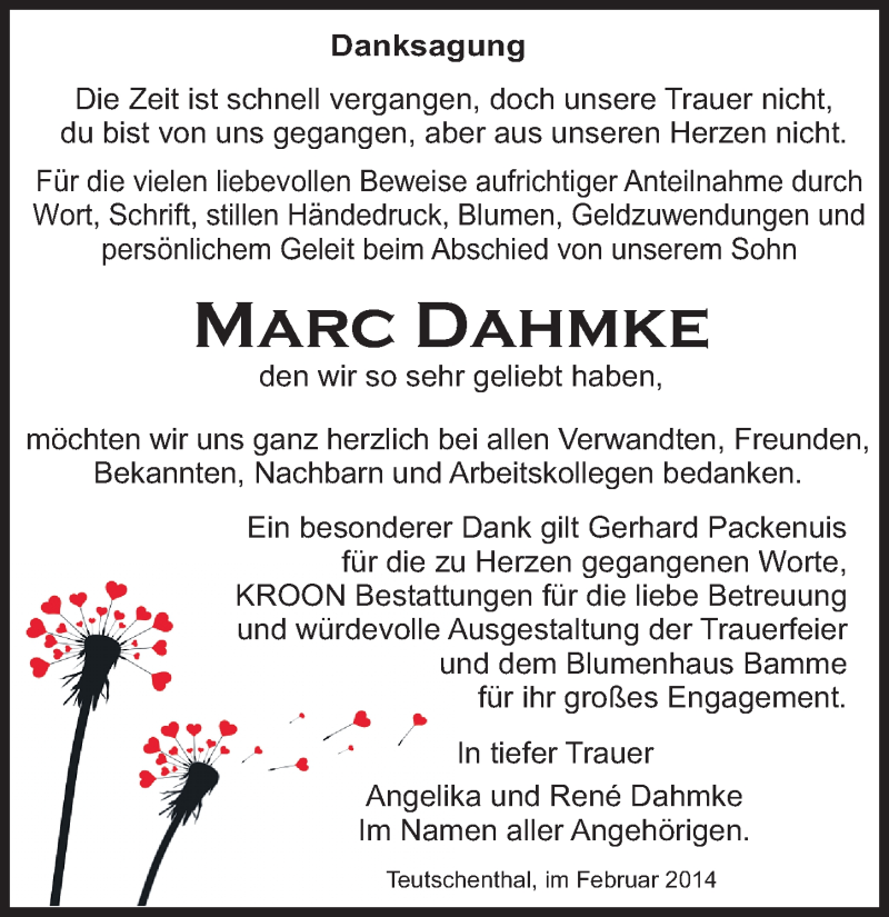  Traueranzeige für Marc Dahmke vom 08.03.2014 aus Mitteldeutsche Zeitung Halle/Saalkreis