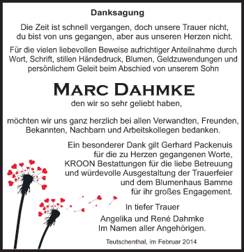 Traueranzeige von Marc Dahmke von Mitteldeutsche Zeitung Halle/Saalkreis