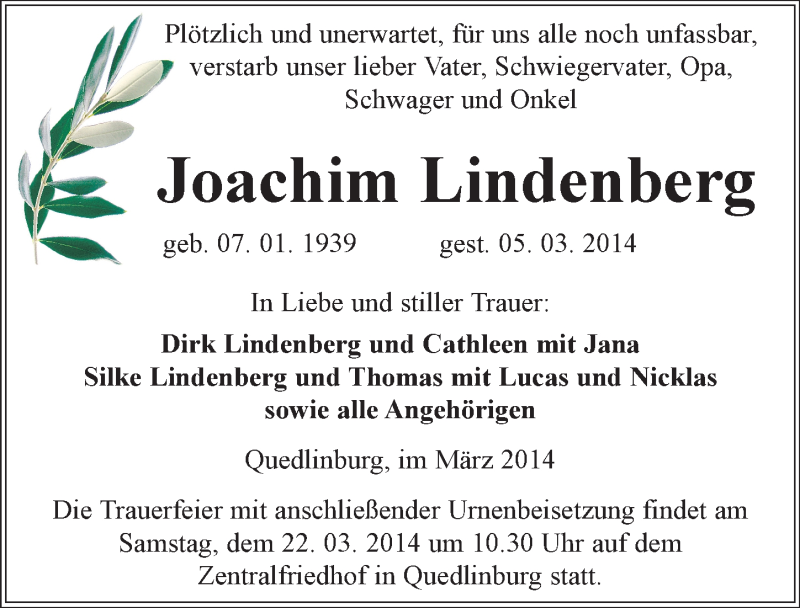  Traueranzeige für Joachim Lindenberg vom 08.03.2014 aus Mitteldeutsche Zeitung Quedlinburg
