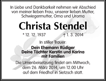 Traueranzeige von Christa Stendel von Mitteldeutsche Zeitung Halle/Saalkreis
