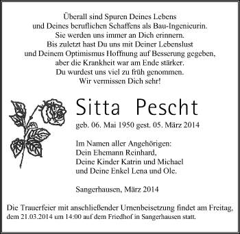 Traueranzeige von Sitta Pescht von Mitteldeutsche Zeitung Sangerhausen
