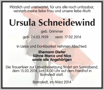 Traueranzeige von Ursula Schneidewind von Mitteldeutsche Zeitung Mansfelder Land