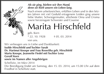Traueranzeige von Marita Hirschfeld von Mitteldeutsche Zeitung Naumburg/Nebra