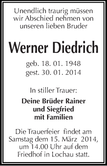 Traueranzeige von Werner Diedrich von Mitteldeutsche Zeitung Halle/Saalkreis