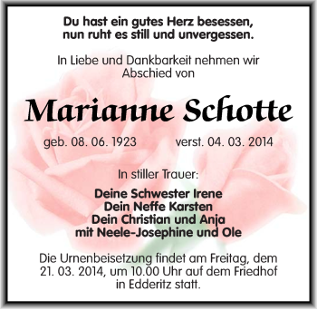 Traueranzeige von Marianne Schotte von Mitteldeutsche Zeitung Köthen