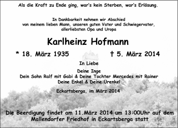 Traueranzeige von Karlheinz Hofmann von Mitteldeutsche Zeitung Naumburg/Nebra