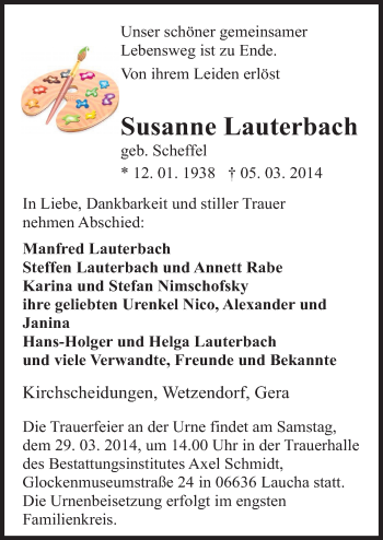 Traueranzeige von Susanne Lauterbach von Mitteldeutsche Zeitung Naumburg/Nebra