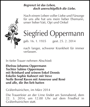 Traueranzeige von Siegfried Oppermann von Mitteldeutsche Zeitung Wittenberg