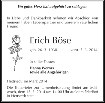 Traueranzeige von Erich Böse von Mitteldeutsche Zeitung Mansfelder Land