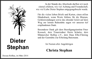 Traueranzeige von Dieter Stephan von Mitteldeutsche Zeitung Dessau-Roßlau