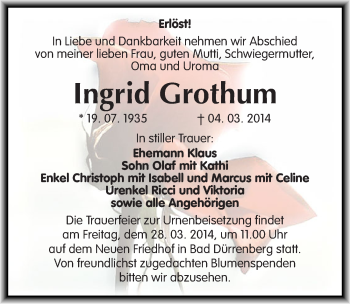 Traueranzeige von Ingrid Grothum von Mitteldeutsche Zeitung Merseburg/Querfurt